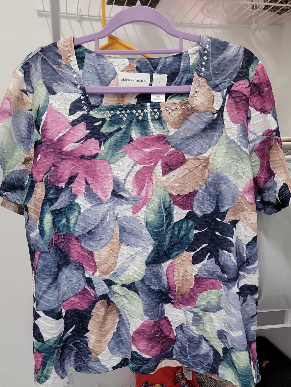 Alfred Dunner Multicolor Floral Leaf Short-Sleeve Top with Studded Neckline